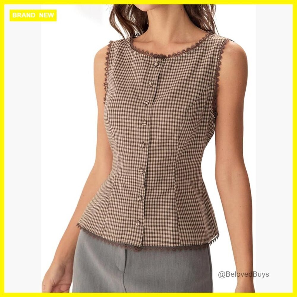 Sleeveless Button Down Blouse with Lace Trim Fitted Waist Business Casual Top